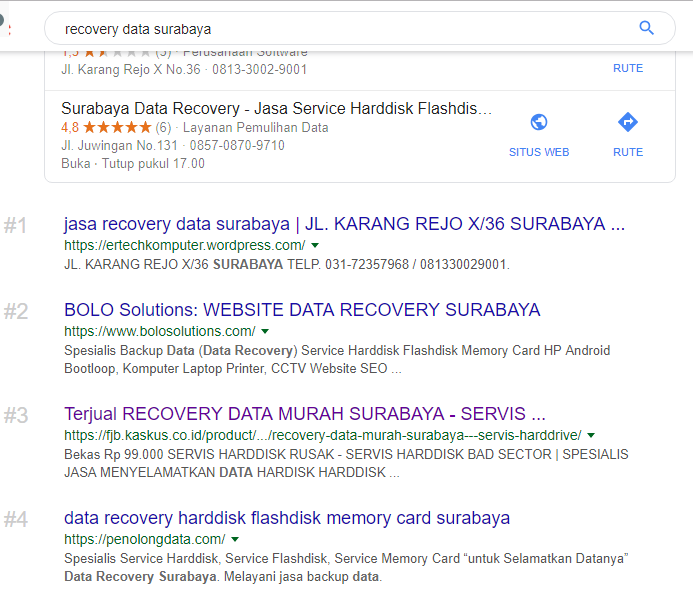 Hasil Optimasi Jasa SEO Surabaya website BOLO Solutions Recovery data Surabaya